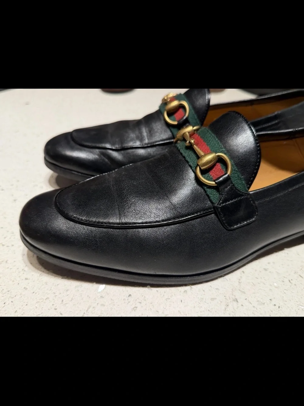 Gucci Black Leather Men’s Loafers with Green-Red Web and Gold Bit
